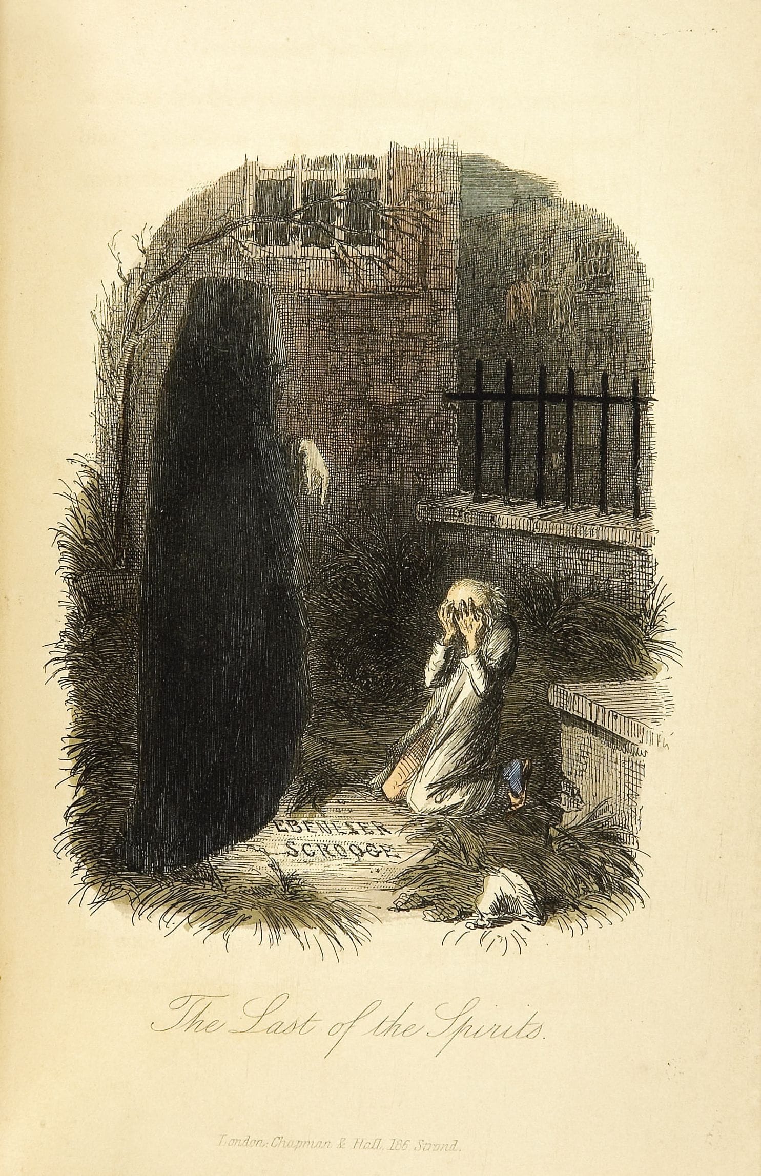 The shrouded figure of The Ghost of Christmas Yet to Come stands menacingly over Ebenezer Scrooge.